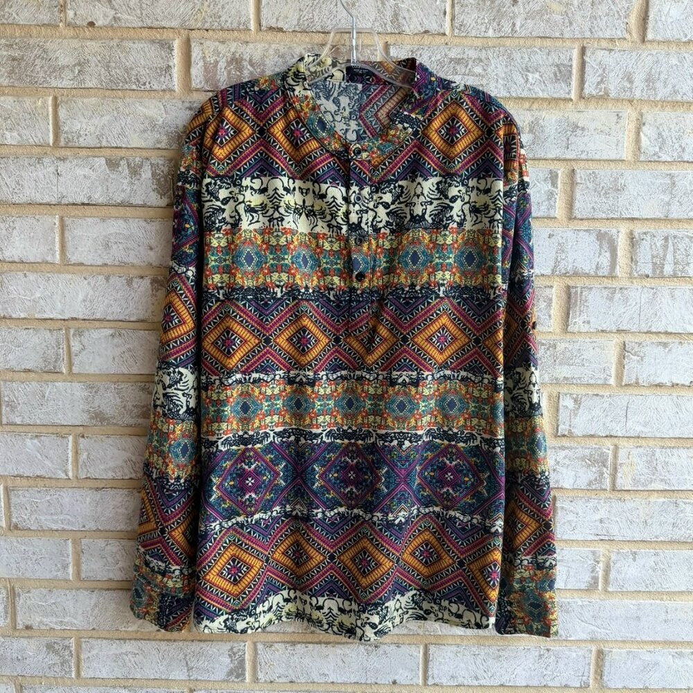 Coofandy Long Sleeve Half Button Band Collar Colorful Resort Shirt  Size XL.